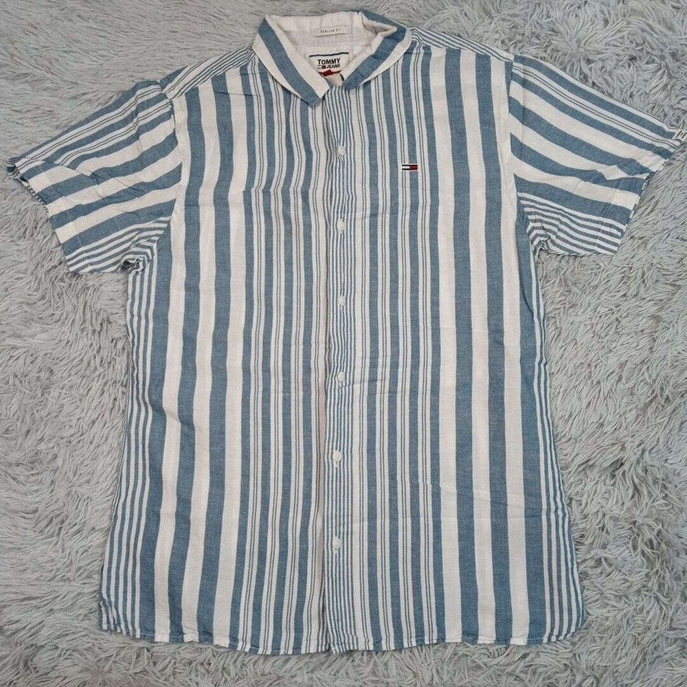Tommy Jeans Shirt Boys M Blue Stripes Linen‎ Blend Regular Fit Preppy School